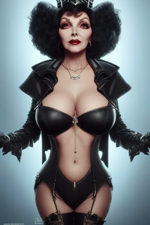 Joan Collins as evil queen in black leather, leather, busty, cleavage, angry, stern look. character design by cory loftis, fenghua zhong, ryohei hase, ismail inceoglu and ruan jia. unreal engine 5, artistic lighting, highly detailed, photorealistic, fantasy