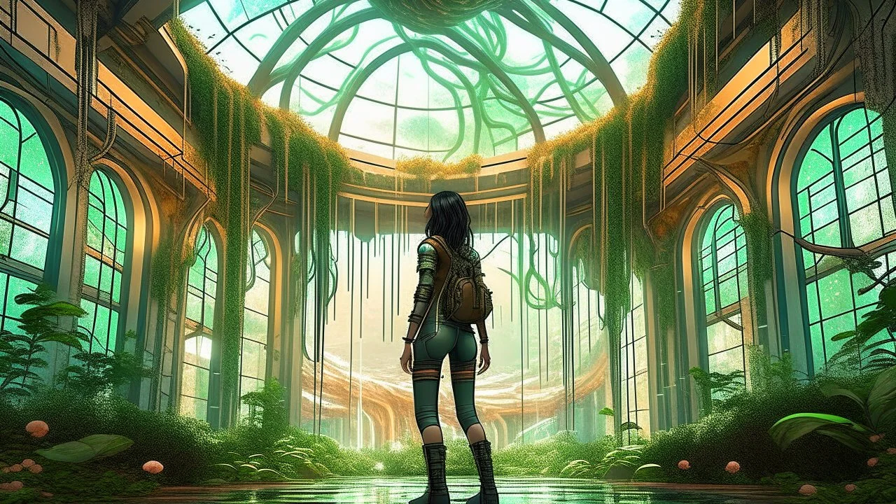 floating alien jellyfish, rampant foliage, and vines, inside a huge vaulted alien building, with circular windows, woman with black hair in a ponytail, in camouflage trousers and jacket, photorealistic, Intricate Detail, sunny day