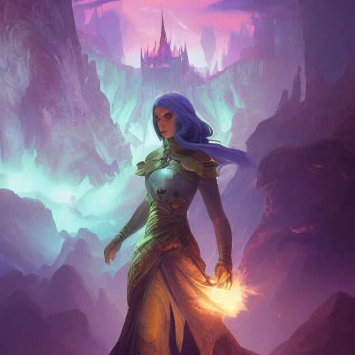 D&D,Defender of the light with torch held high, a masterpiece, 8k resolution, fantasy concept art, Anna Dittmann, dynamic lighting, hyperdetailed, Splash screen art, trending on Artstation, deep color, Unreal Engine, volumetric lighting, Alphonse Mucha, Jordan Grimmer, purple and aqua complementary colours