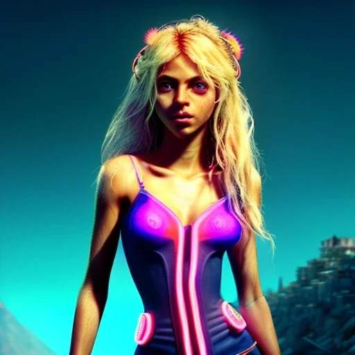 Shakira, artist, 30 years old, Realistic image, waist up portrait, etro style dress. Blonde, feathers, loose long hair, eyes make up, perfect, glow, circle iris. Neon colors, leds, geometric shapes. Dark background, photo studio, neon lights. Cyberpunk, concept art, smooth, unreal engine 5, god lights, ray tracing, RTX, lumen lighting, ultra detail, volumetric lighting, 3d, finely drawn, high definition, 4k.