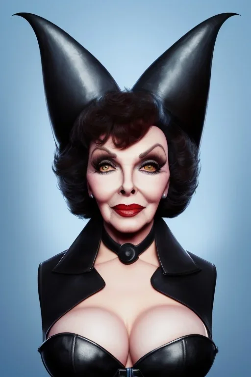 Joan Collins as evil queen in black leather, leather, busty, cleavage, angry, stern look. character design by cory loftis, fenghua zhong, ryohei hase, ismail inceoglu and ruan jia. unreal engine 5, artistic lighting, highly detailed, photorealistic, fantasy