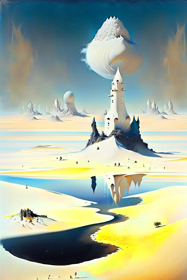 White desert sands with black tower surrounded by floating islands painterly fantasy art