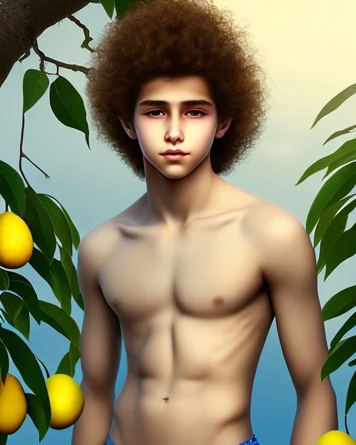 beautiful 12 year old arabic boy with long, curly hair and light blue eyes, smiling, shirtless, in front of a distant mango tree