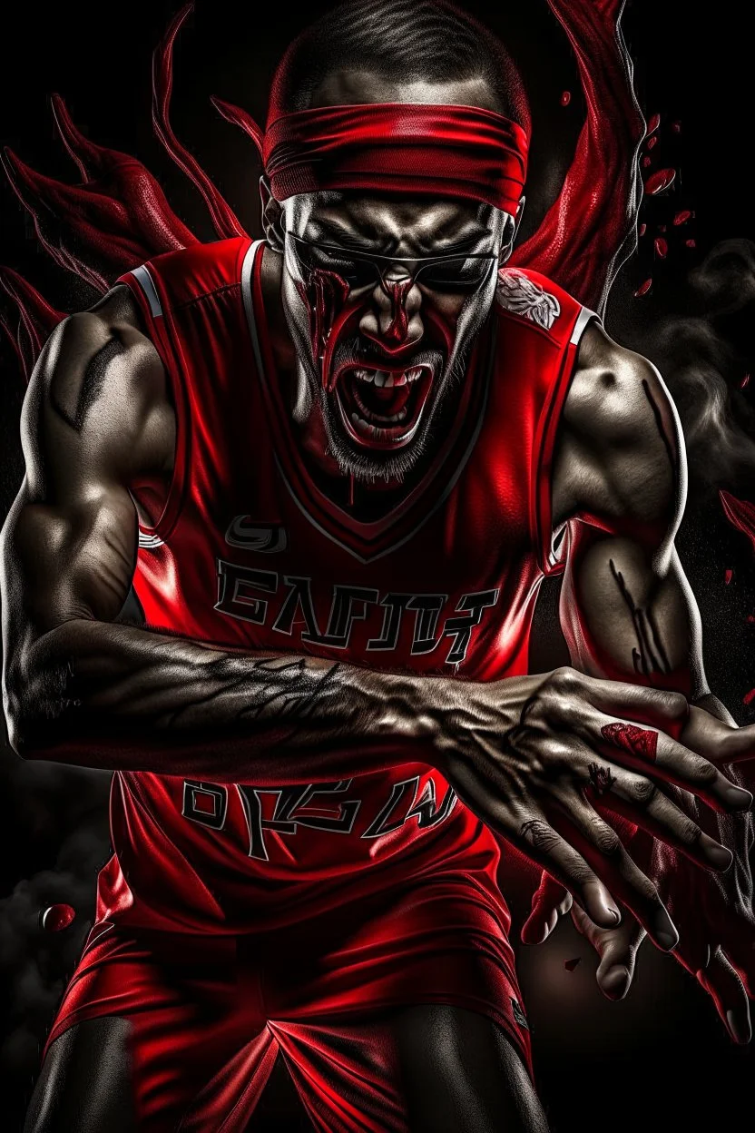 a photorealistic 12k ultra-high-definition rendering of an attractive but mean and cool looking zombie, upclose captured in a dynamic action shot dunking the ball, Wearing a red and white skinny NBA shirt with nail scratch marks, a cool usa sweatband, trendy basketball sneakers, black tights, product photography focus, an explosive and dark background