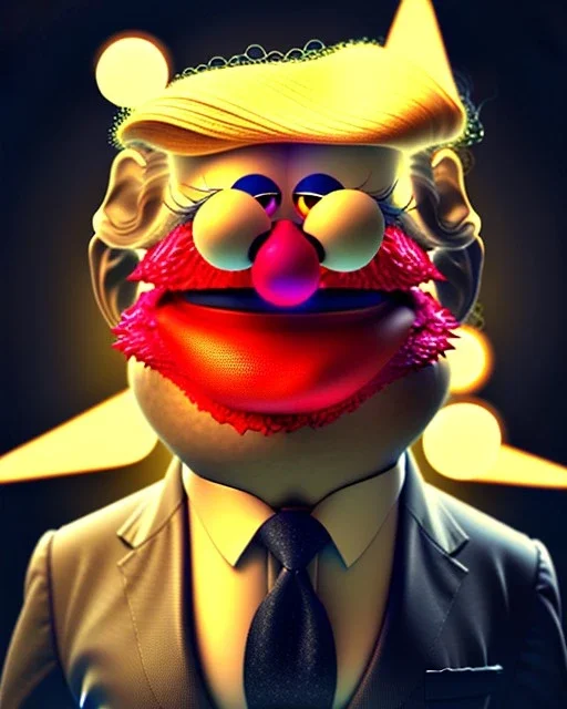 Portrait, Donald trump muppet, unreal engine 5, god lights, Sesame Street style, retro style, ray tracing, RTX, lumen lighting, ultra detail, volumetric lighting, 3d.