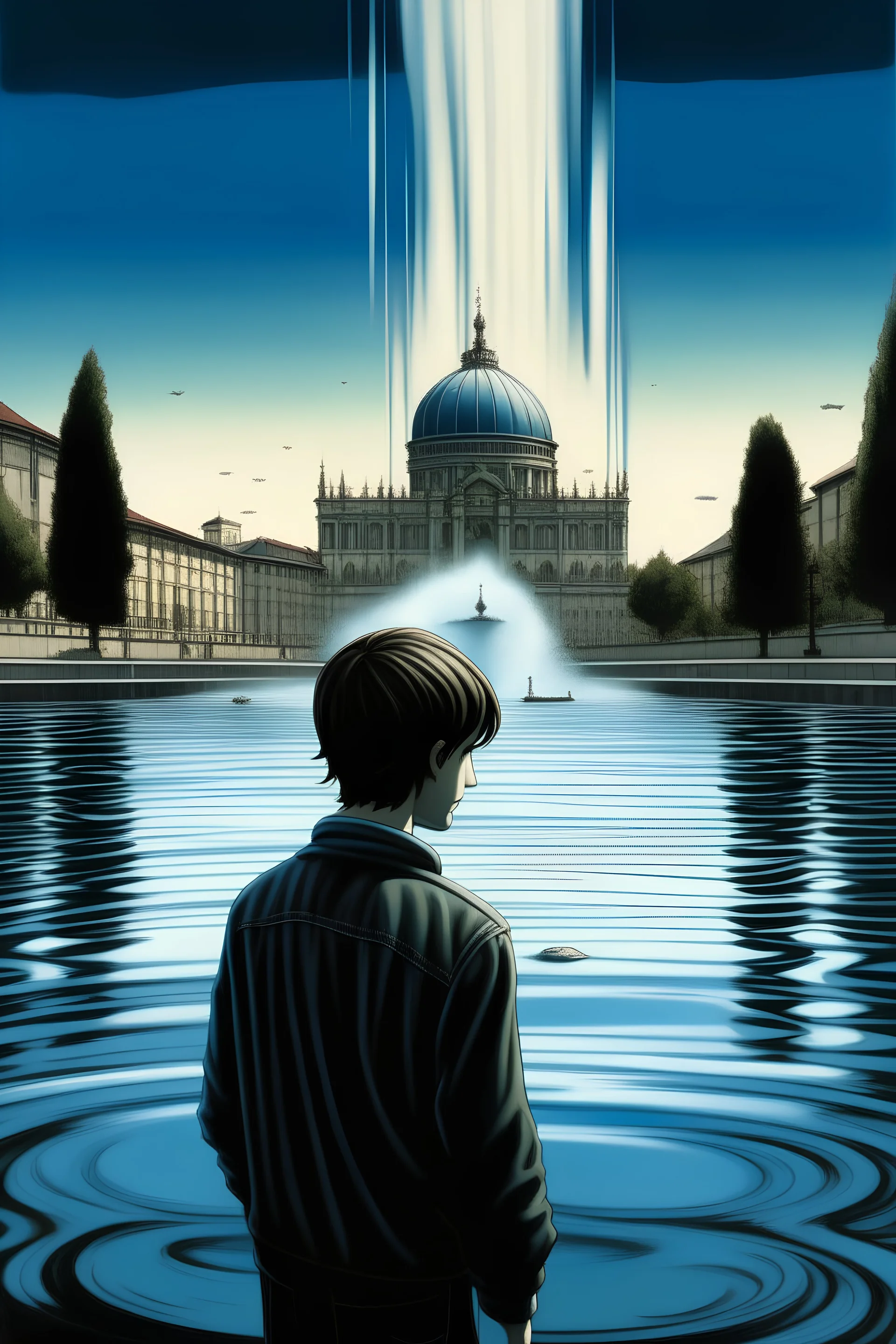 Art poster for a book about the city of Geneva with its large fountain, 'Jet d'Eau', in the background. Dystopian fiction. No words. A 20 year old male is standing by the lake. He has dark messy hair. Hundreds of people are floating in the air.