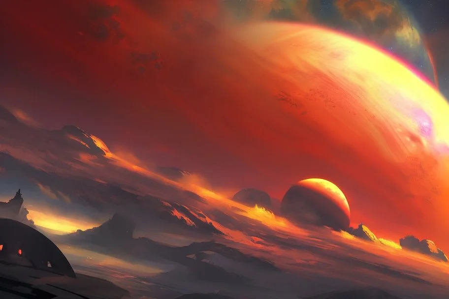 red exoplanet in the horizon, stars, stream, clouds, fantasy, sci-fi, hd.