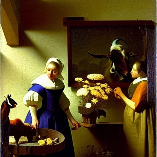 Flowers and goats bright coors in outer space by Vermeer