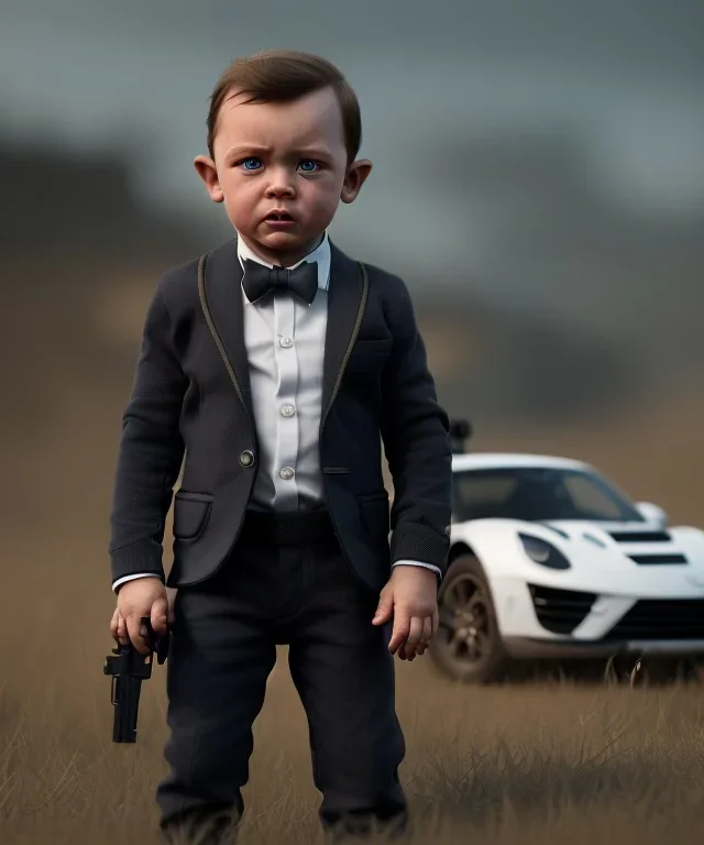 James bond toddler, full body, gun, car, dramatic lighting, hyper realistic