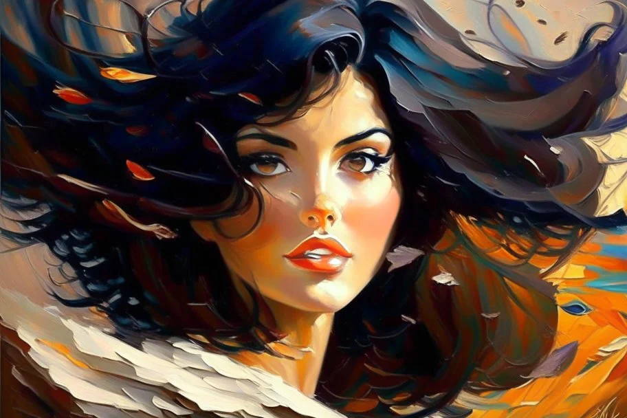 an irresistibly adorable image of a whimsical brunette woman creature with black hair and hazel eyes. Envision a charming being with fluffy, onyx-colored fur or hair that frames its endearing face. in the blowing wind Leonid Afremov