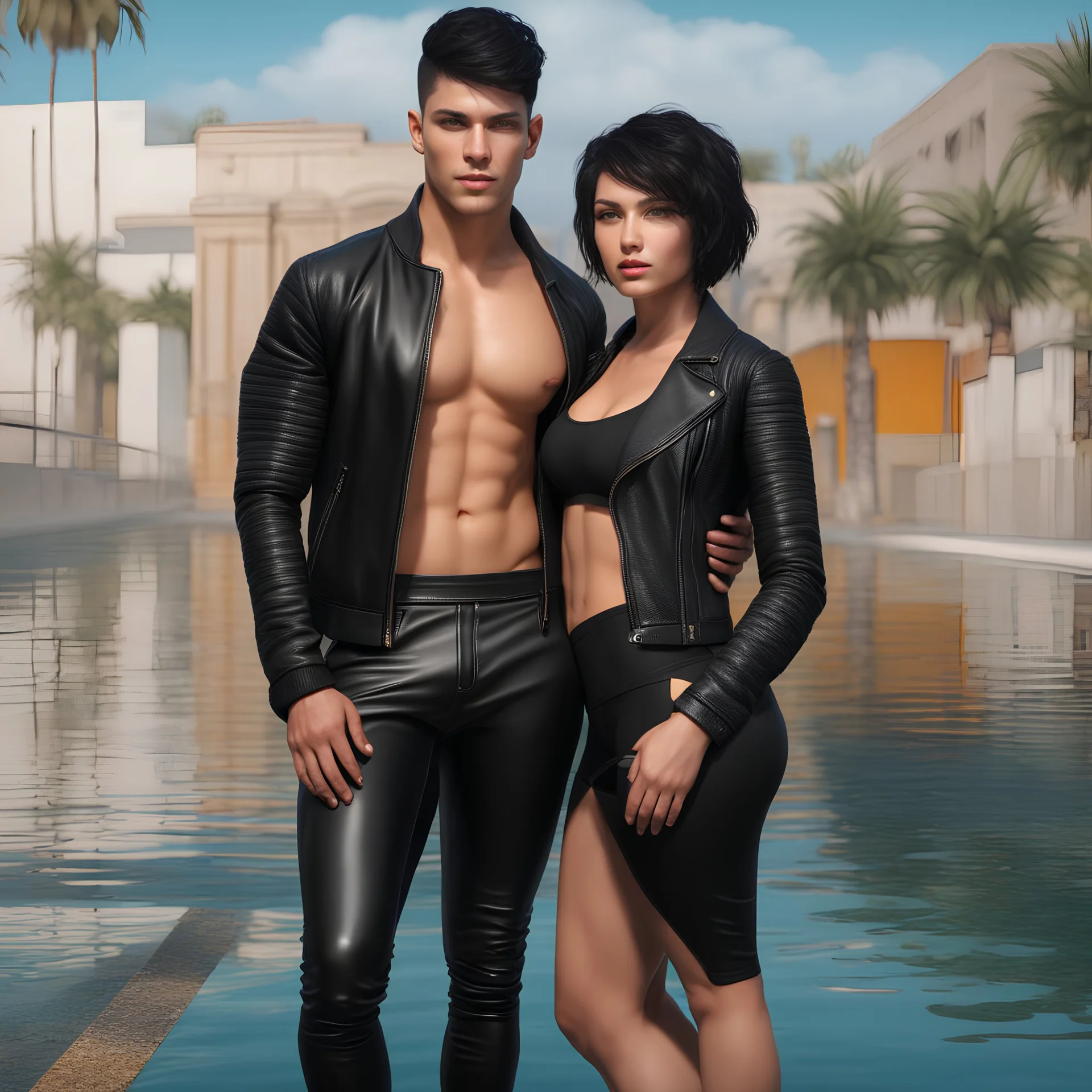 An extremely muscular young man with pixie-cut black hair, wearing a black leather jacket and pants, standing next to a beautiful woman with black hair who is wearing a black two-piece bathing suit with a perfect shaped body, and a perfect face, 4k, 8k, 32k UHD, Hyper realistic, extremely colorful, vibrant, photorealistic, realistic, sharp, highly detailed, professional quality, beautiful, awesome, majestic, superb, trending on artstation, pleasing, lovely, Cinematic,