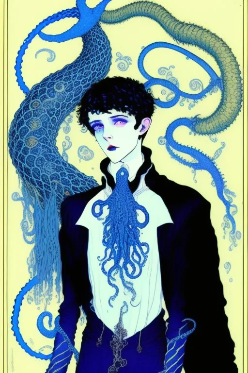 16 year old boy warlock with milky blue eyes, and 1lamprey tentacle coming out of his belly in the style of Harry Clarke