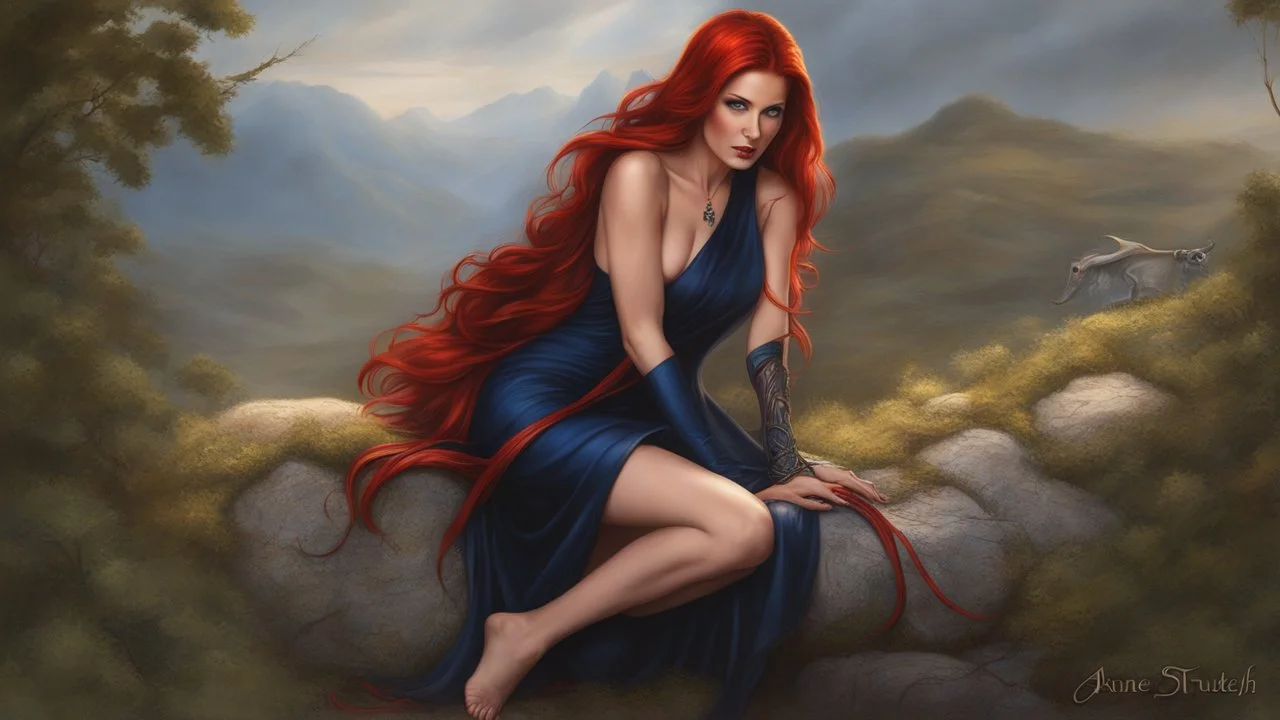 40 year old female sorcerer. Dressed in blood red small wicked weasel . Copper red hair. dark blue eyes. no jewelry.. Painted by Anne Stokes. The naked truth.