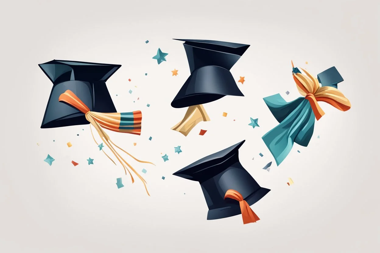 cute drawing of three graduation caps flying in the air against a white background.