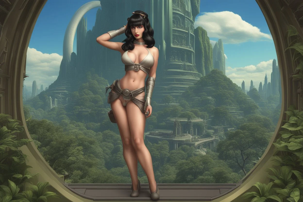 Photorealistic, Full Body Photo Of A Sci-Fi Pin-Up Girl, With Dark Hair With Bangs, On An Alien Jungle Planet With Cloud Trees, Tall Spires, Buildings, Bridges, Arches