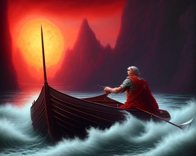 Charon the ferryman in his boat on the river Styx, red black purple colours, 8k, high definition, fantasy art, winding river, sharp jagged rocks, high contrast colours, sharp detail, river made of hot lava,