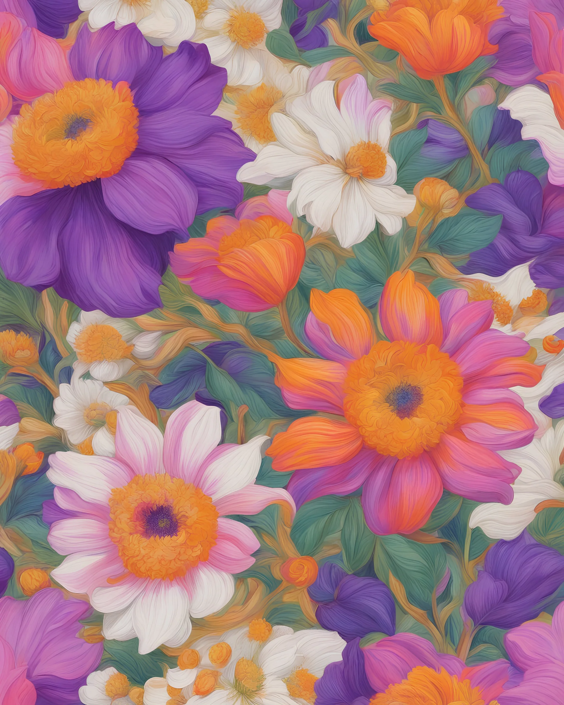 bright purple, pink and green , gold and orange flower van Gough white background