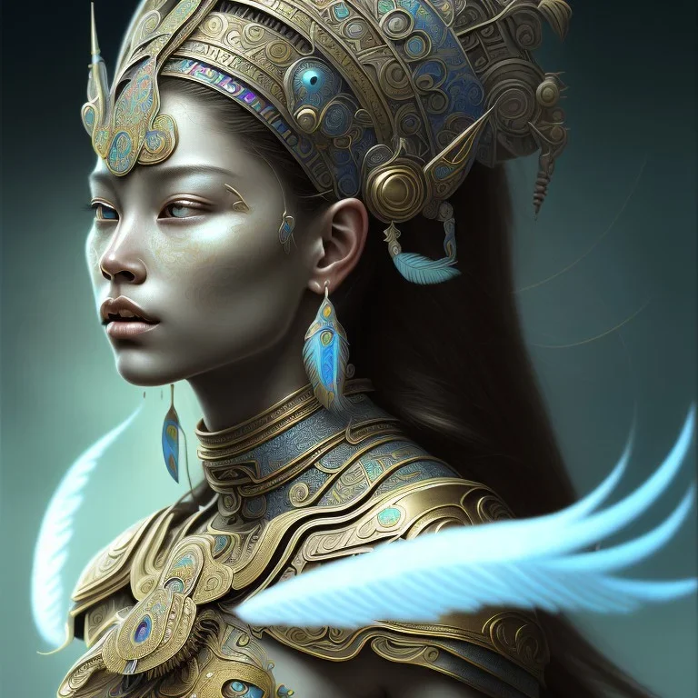 Sango fantasy, fantasy magic, intricate, sharp focus, illustration, highly detailed, digital painting, concept art, matte, art germ and Paul Lewin and Kehinde Wiley, masterpiece Mayan princess dancer head bronze feather's' Asian Latin girl nice breast brown Thai hair turquoise silver blue sky