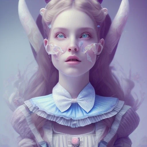 whole portrait of "Alice in the wonderland",Award-winning, Detailed face, detailed eyes, blue eyes, Realistic lighting, cinematic lighting, Trending on artstation, octane render, 8k ,elegant,smiling, by Chie Yoshii and disney background Olivetrees in style of salvatore Dali