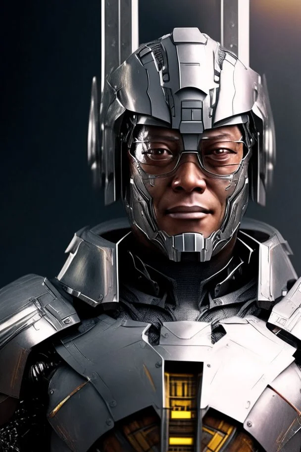 Cyborg armor with helmet on head serious face