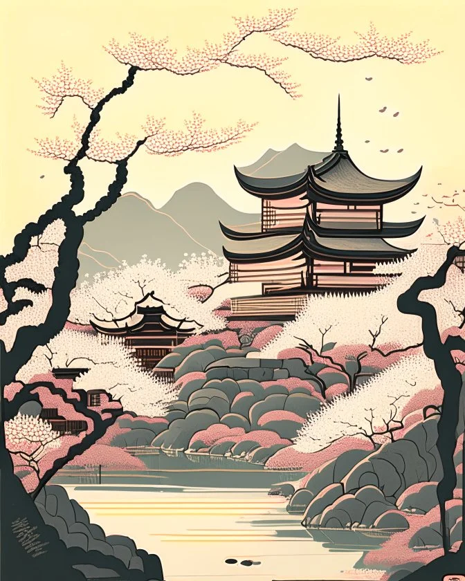 A serene, Japanese woodblock print-style illustration of a traditional temple set amidst a tranquil landscape of cherry blossoms, gentle streams, and rolling hills, using a soft color palette and delicate composition techniques.