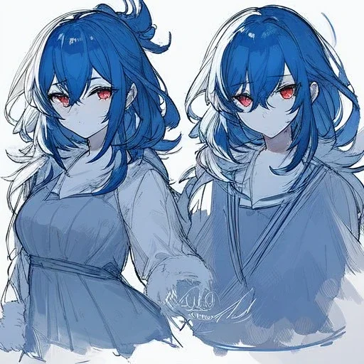 Clear focus, High resolution, rough line sketch art, cute, blue hair, fluffy hair, between eyes, red eyes, no light in eyes