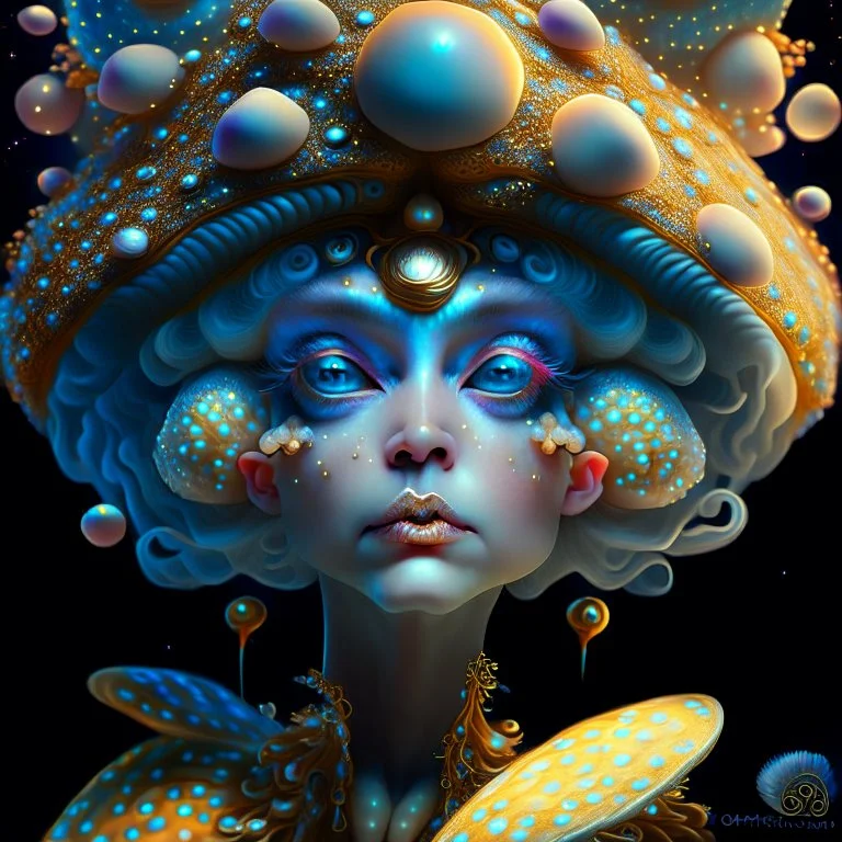 Beautiful rococo mushroom fairy, detailed eyes, realistic features, hq, fungi, celestial, moon, galaxy, stars, by Salvador Dalí, giger, Hieronymus Bosch, victo ngai, fungi, celestial, Ryan Hewett Modifiers: digital painting fantasy studio lighting 8k very attractive beautiful close up hyperrealistic 4K 3D crisp quality cinematic postprocessing Michelangelo Van Gogh Alphonse Mucha Iridescent black ink