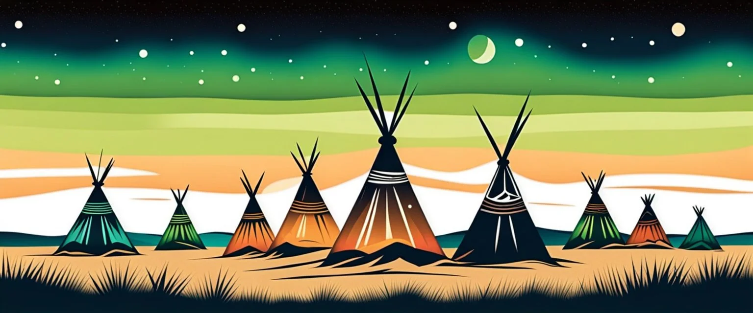 Prairie landscape, aurora borealis, 3 teepees, historically authentic, indigenous graphic style