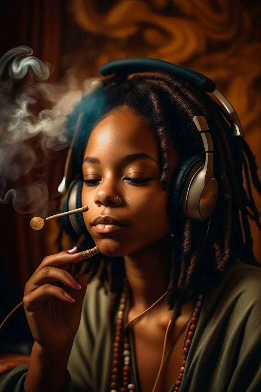 earthy black young woman listening to music with small headphones, soul, peace, majestic, earthy colours, at peace, happy, incense, jewels, bands, natural, old school headphones, blasian, incense, no epicanthal folds, darker skin tone