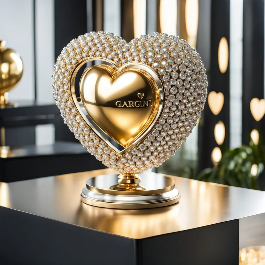 A magnificent golden and silver heart-shaped sign adorned with a stunning golden sphere encrusted with sparkling diamond clusters at its center, elegantly spinning in position.