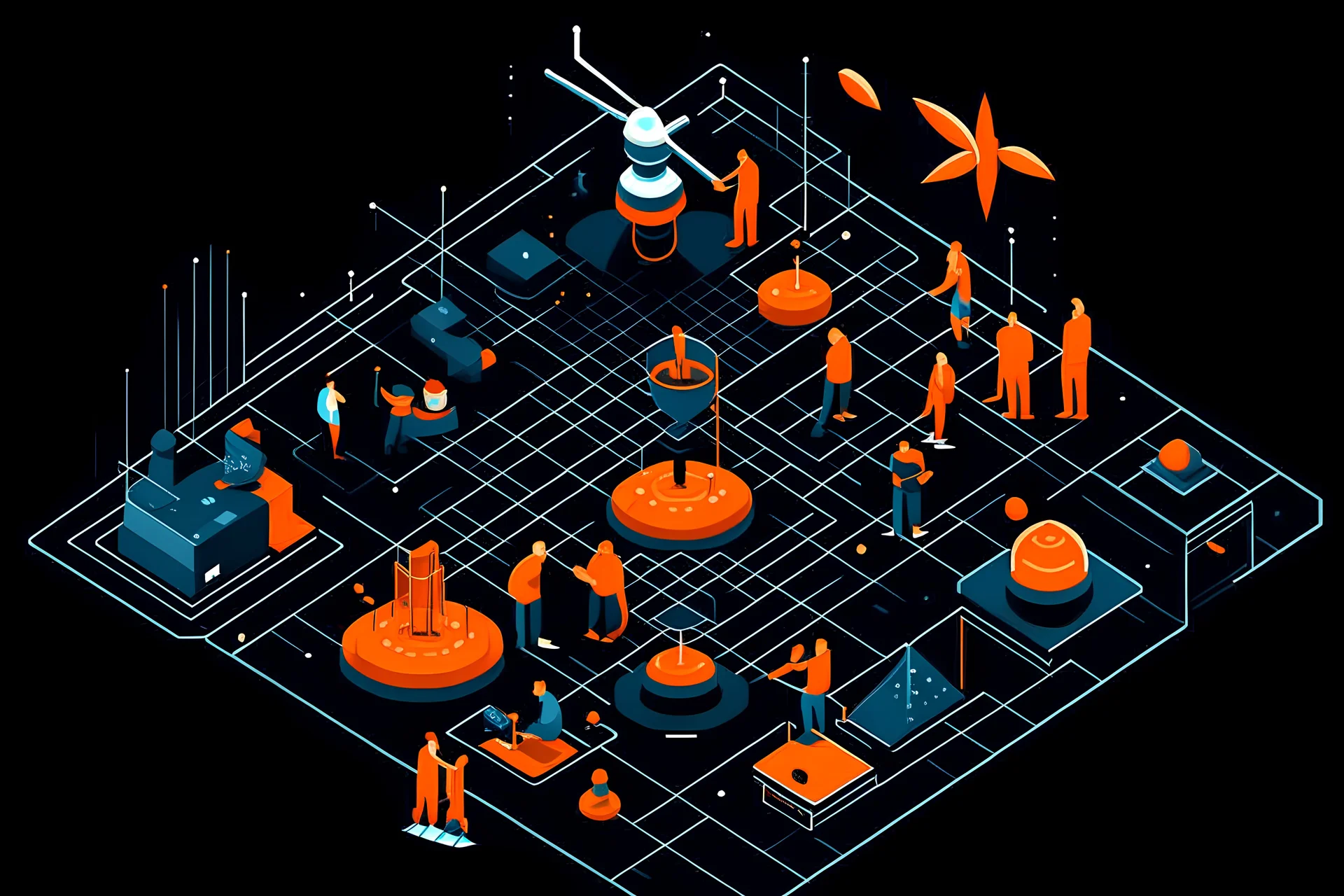 innovation - solarpunk theme illustration - people celebrating, isometric, orange elements, black background, happy people, scientific, flying drones, radar