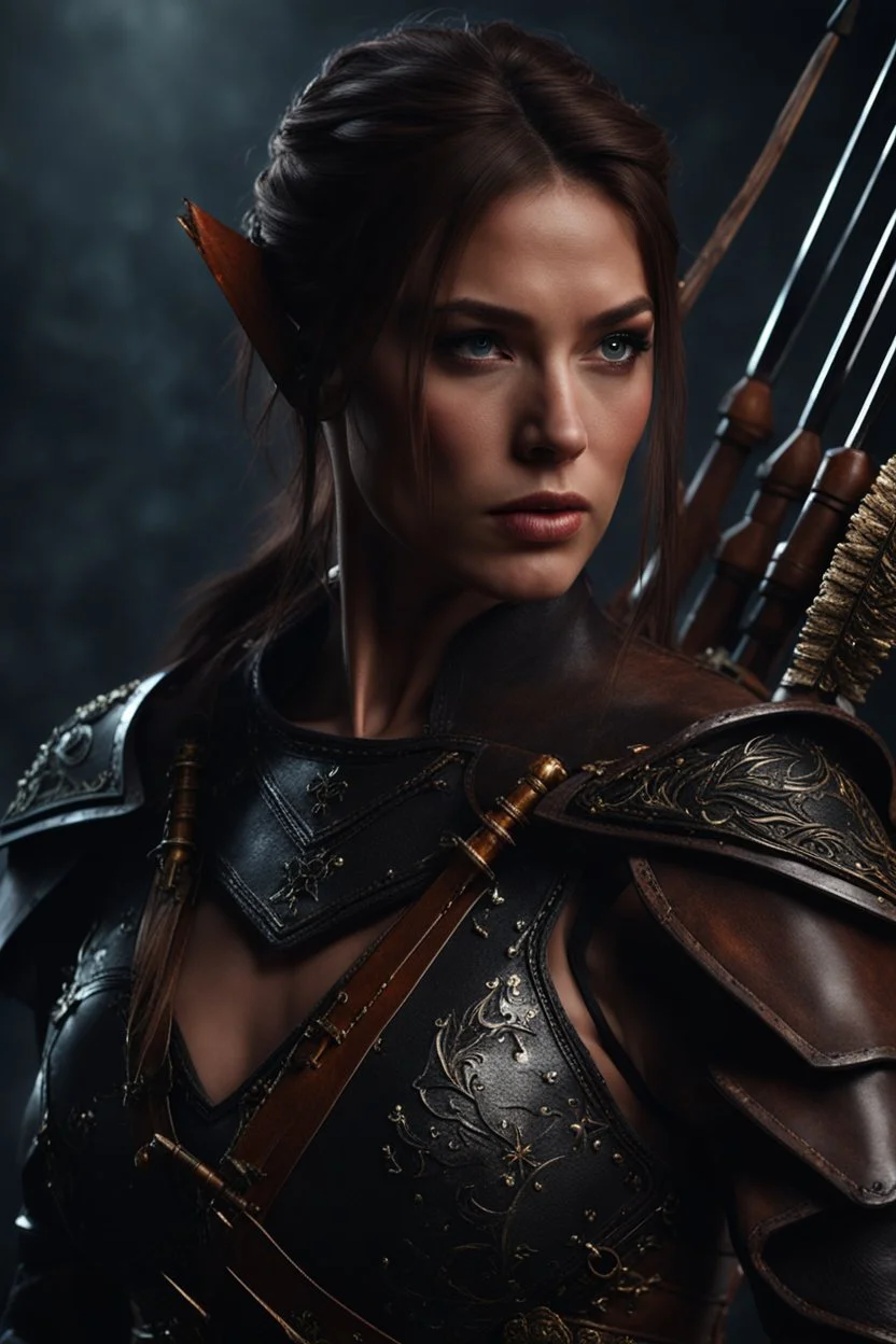 female warrior with a bow and arrow wearing leather half armour dark fantasy Realistic 4k