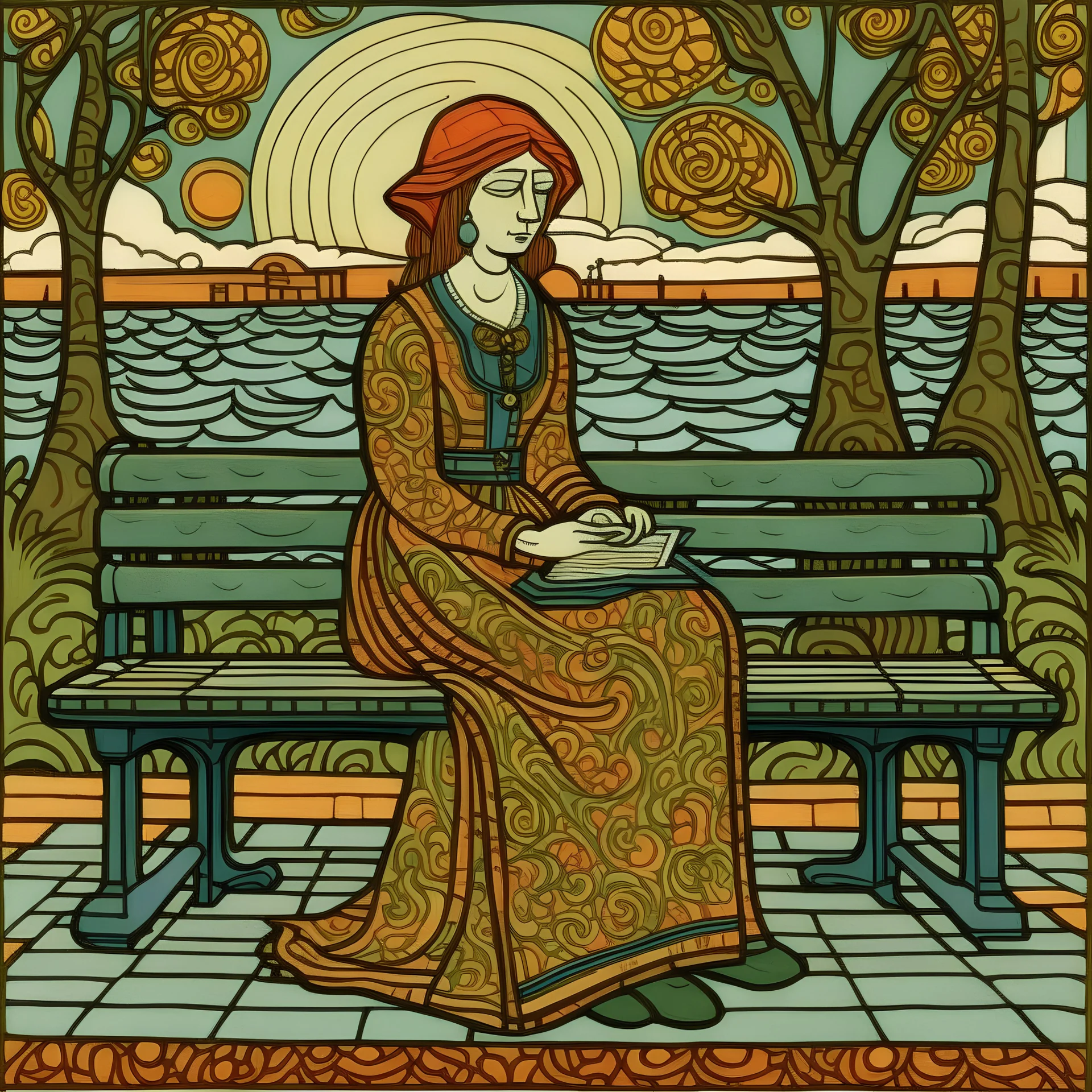 a painting of a lady sitting on a bench by Steve Brodner, pixiv, naive art, tarot card, whimsical, woodcut