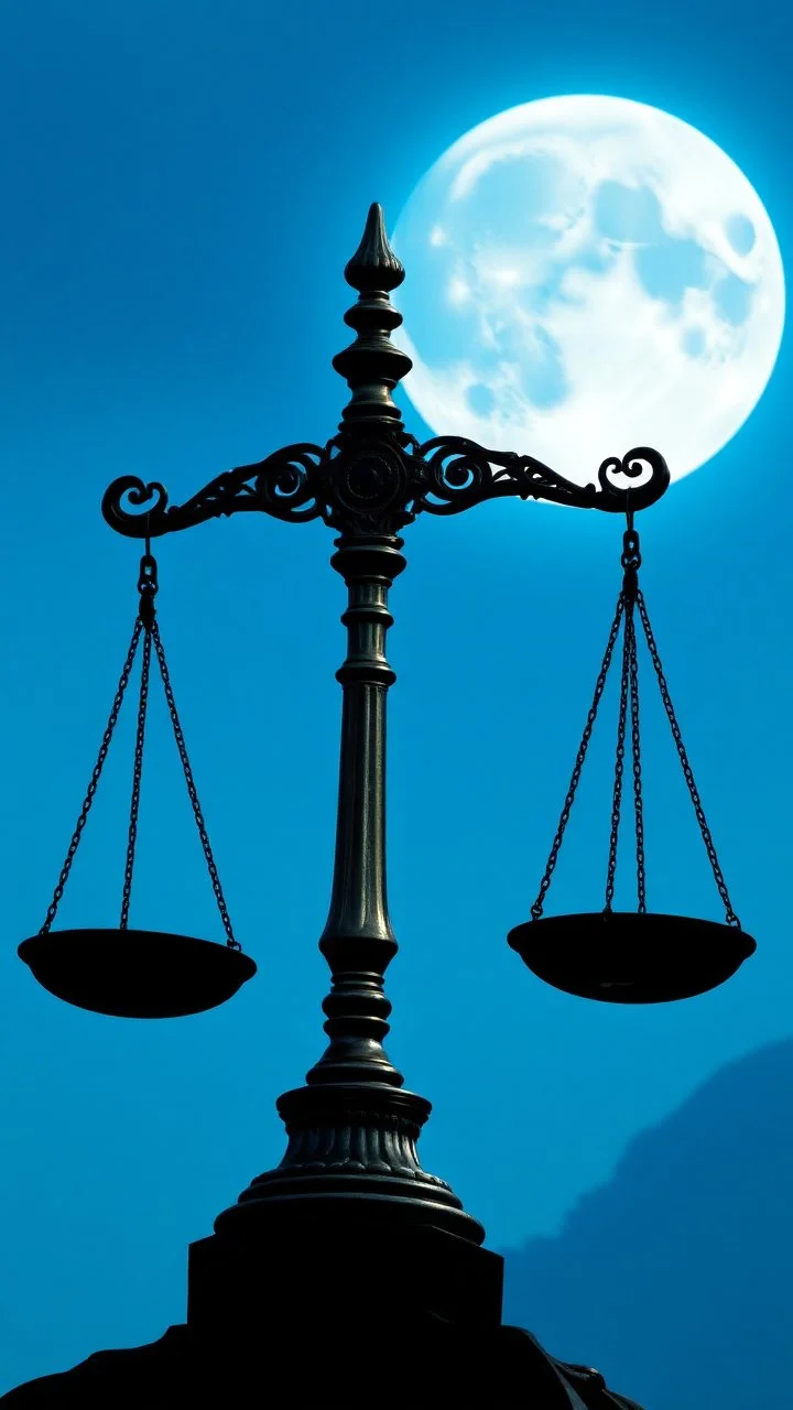 scales of justice against a blue full moon