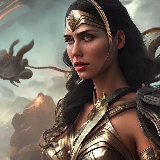 Wonder woman fighting a giant insect, futuristic design, a paradise in background, close-up face, geometric armor, female face, 3d unreal engine, black face, close up armor, church detail, lovely face