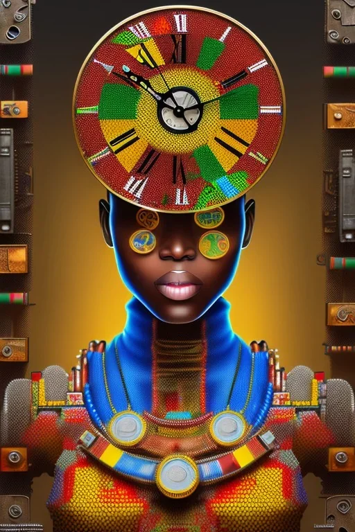 african portrait in rusted clocks, clock face, rust, scaffolding, ghana colours, cyberpunk, high detail