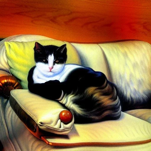 oil portrait of tricolor pattern Cat sleeping in a sofa by Joaquín Sorolla 8k