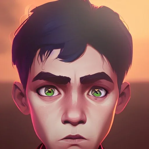 Portrait of a 9 year old warlock boy with beautiful eyes Nick Harris style