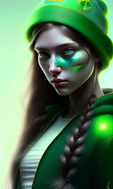 girl, cute, beautiful, long hair, wavy hair, green hair, blue eyes, green beanie, green coat, black tee shirt, green shorts, head and shoulders portrait, 8k resolution concept art portrait by Greg Rutkowski, Artgerm, WLOP, Alphonse Mucha dynamic lighting hyperdetailed intricately detailed