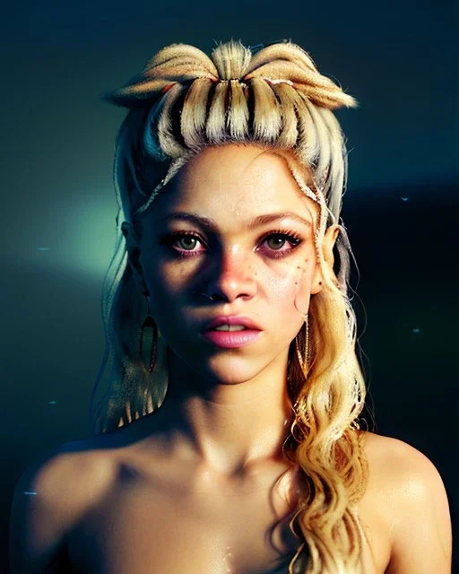 portrait, Shakira, blonde artist, Realistic image, drinking a strawberry milkshake, gold line make-up, sweat, fog, goddess style, Neon colors, leds. Black background, photo studio, concept art, smooth, unreal engine 5, god lights, ray tracing, RTX, lumen lighting, ultra detail, volumetric lighting, 3d, finely drawn, high definition, 4k.