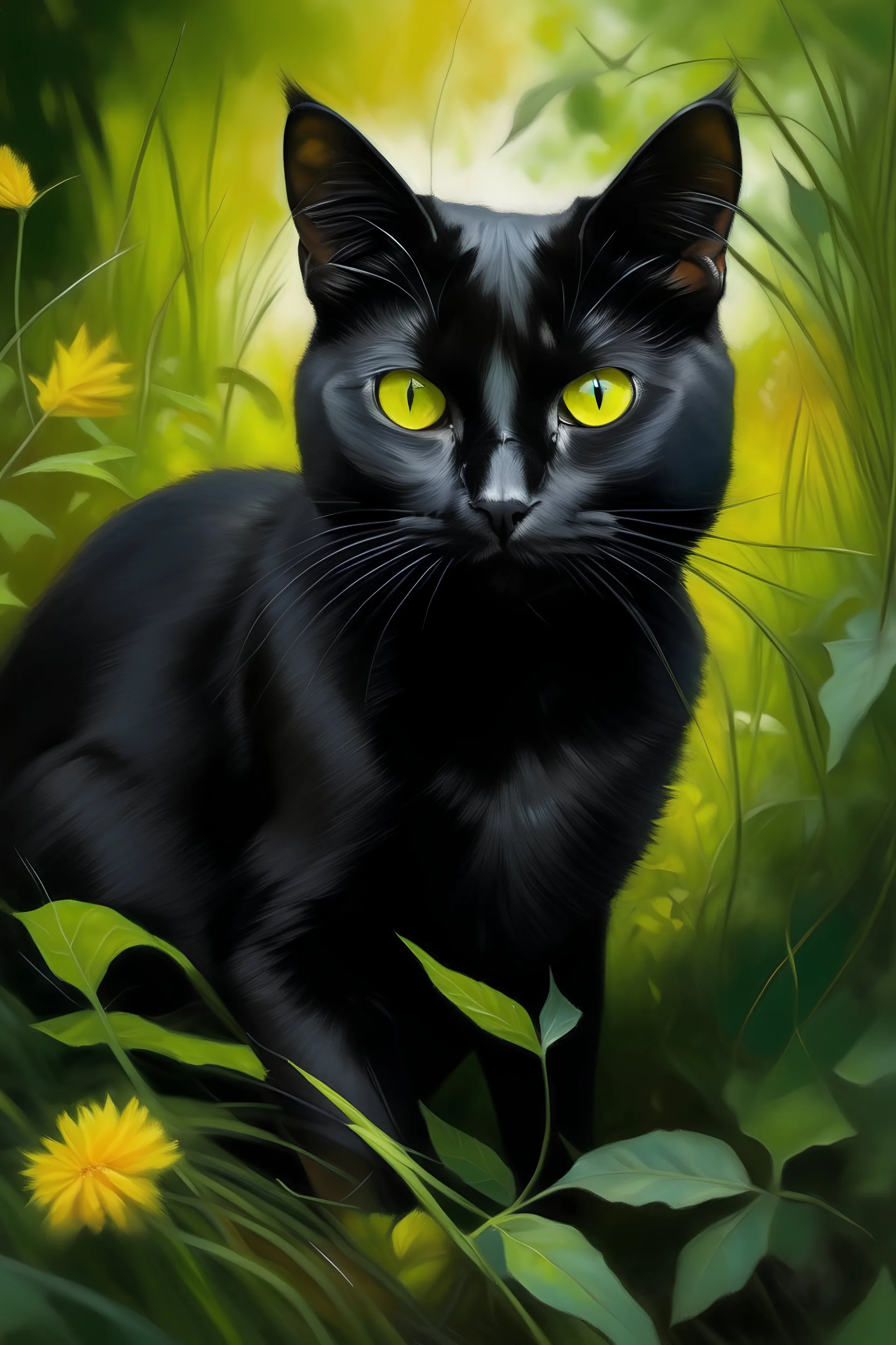 A realistic painting of a black cat with yellow eyes sitting in the bushes