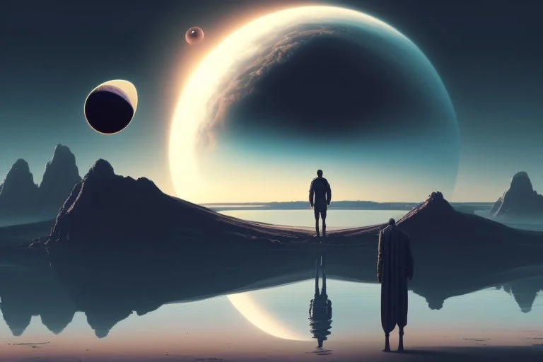 person seeing a grey exoplanet in the horizon, lagoon, sci-fi, very epic