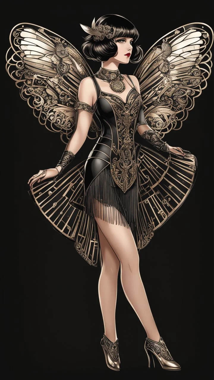 Full Body, Art Nouveau Woman With A Bob With A Fringe Hairstyle, 1920s Clothing, Steampunk Metal Moth wings, Black Background