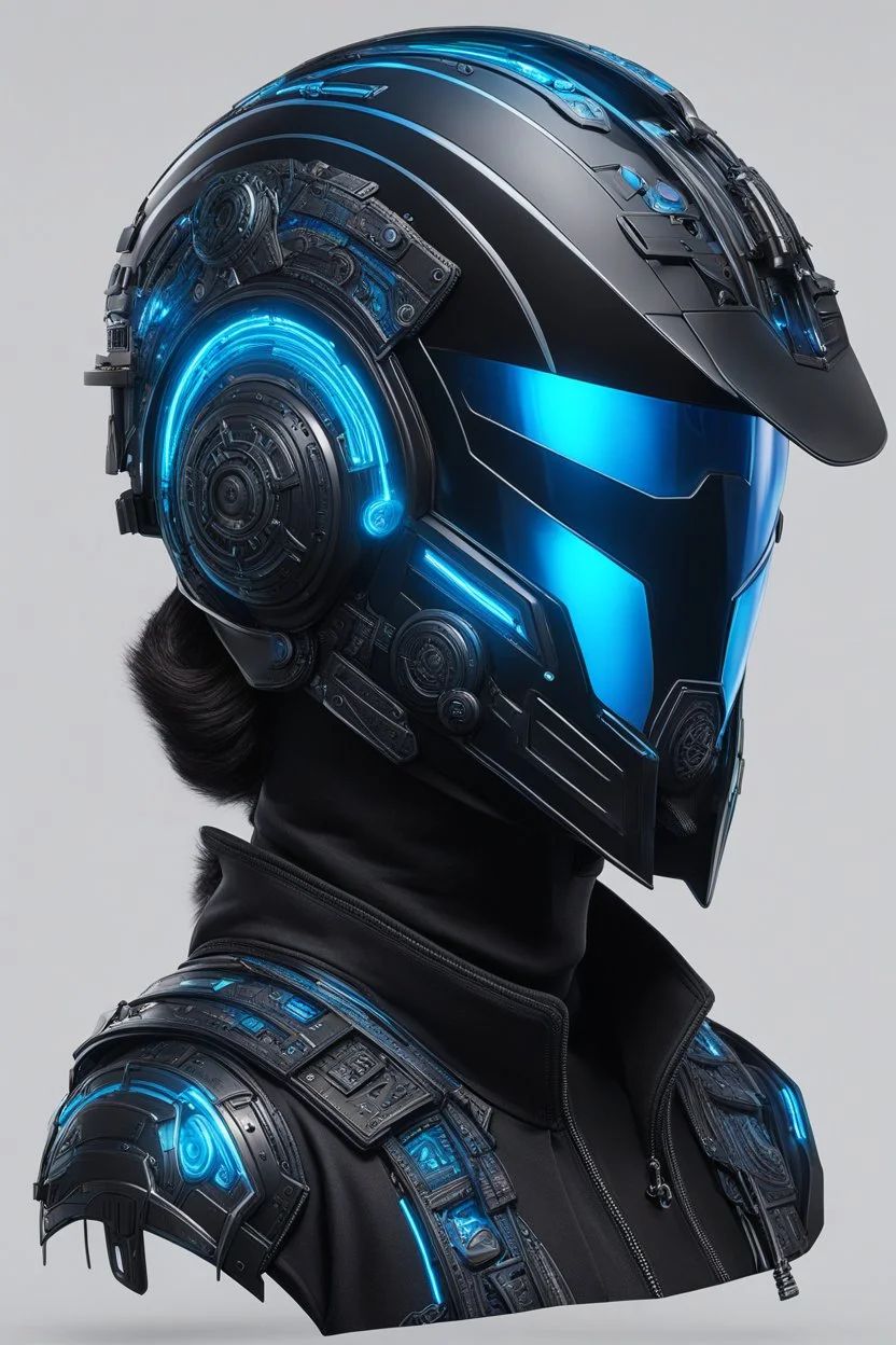 Someone wears a black glass Cyberpunk helmet , full helmet cover , Changshan, black and blue color, cyberpunk drawing style, neon, full body, intricate details, highly detailed, high details, detailed portrait, masterpiece,ultra detailed, ultra quality