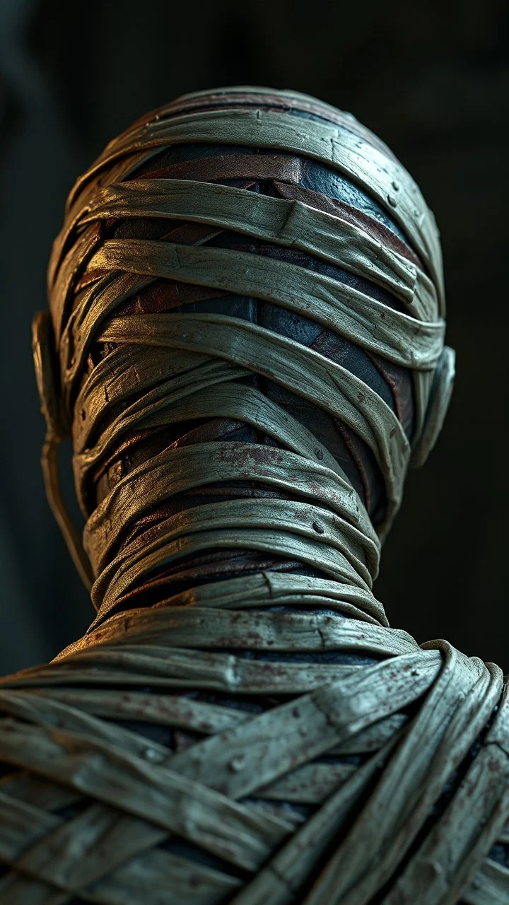 Busch painting style nightmare, a zoomed rear view of the mummy by his face skin is a rusted broken metallic skin texture in a 3d rendering full-height image of a grim and dark scene. Ensure the final images exhibit the utmost quality, encompassing 4K, 8K, and 64K resolutions, with 3D rendering that manifests in photorealistic, hyperrealistic, and highly detailed representations. Employ techniques such as HDR, UHD,