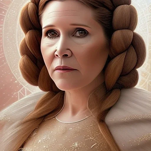 hyperspace background, complete and photo realistic detailed head to waist stunning photo realistic portrait of carrie fisher as Princess Leia in star wars with photo realistic wedding hairstyle by Mandy Jurgens and mucha and Richard Schmid and chuck close and chie yoshii, extraordinary and detailed ceremony dress of star wars,brown eyes