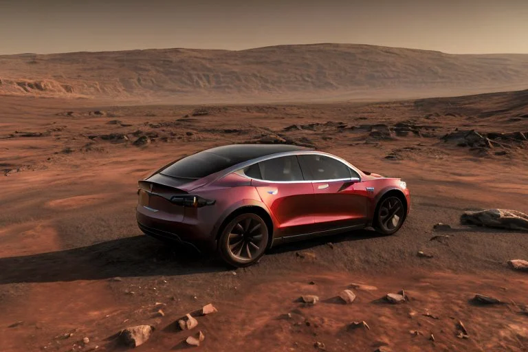 A Tesla 'Model S' is parked, at the Cydonia region on Mars. (CINEMATIC, WIDE ANGLE LENS, PHOTO REAL)