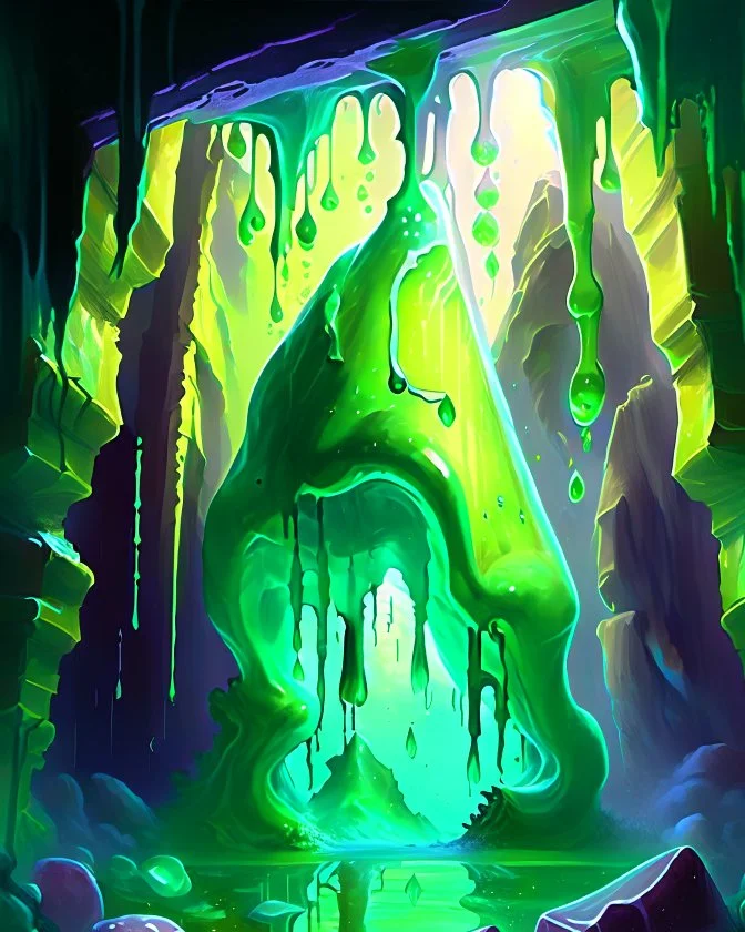 a slimy dripping gelatinous cube in vast cavern room painterly