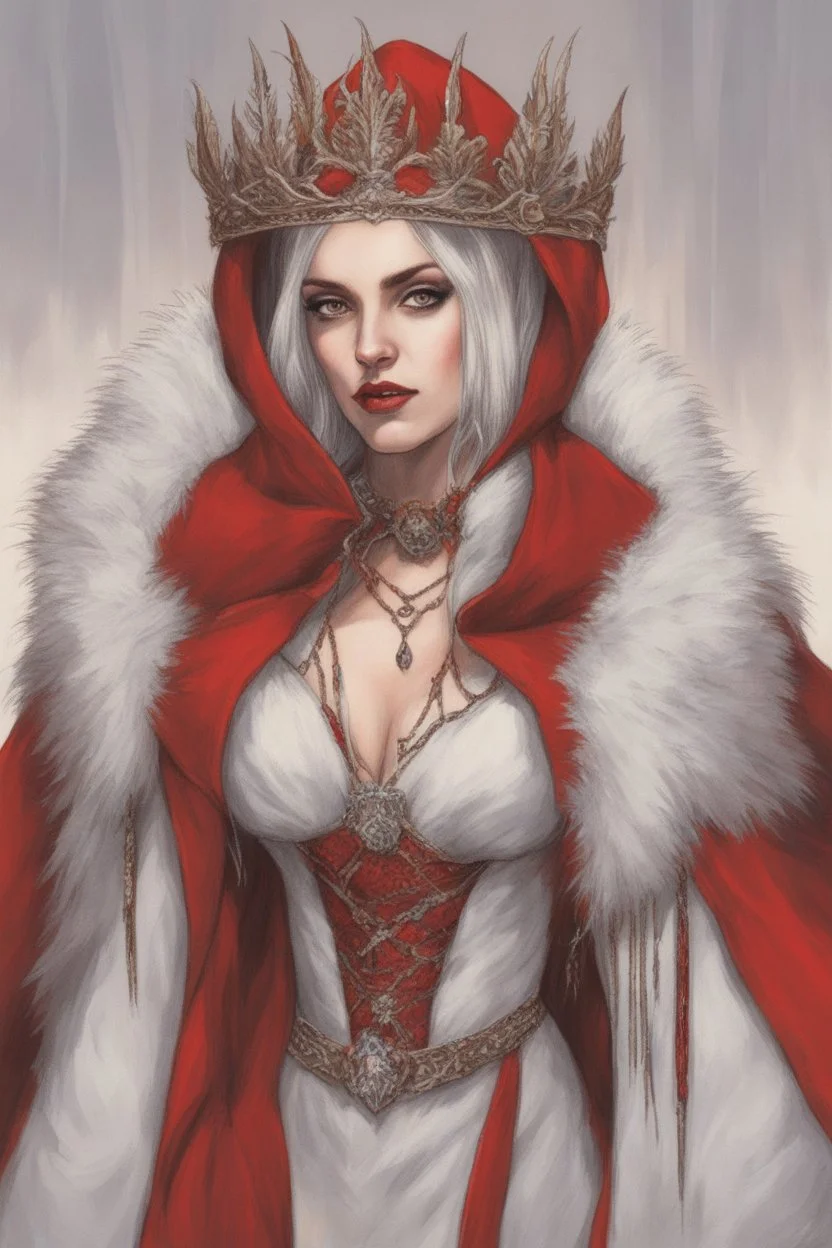 Beautiful white haired Vampire queen on her throne, drawing. Wearing a red cloak with a fur collar. Portrait, waist up