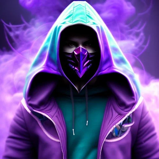 purple galaxy masked hooded super villain, weapons in hands, teal and purple smoke, full portrait, hyper realistic, 4k